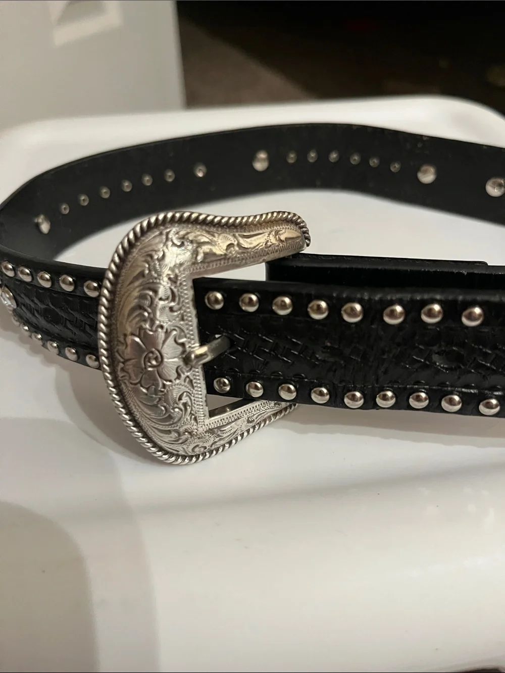 Studded Black Western Leather Belt with Ornate Silver Buckle Size 22